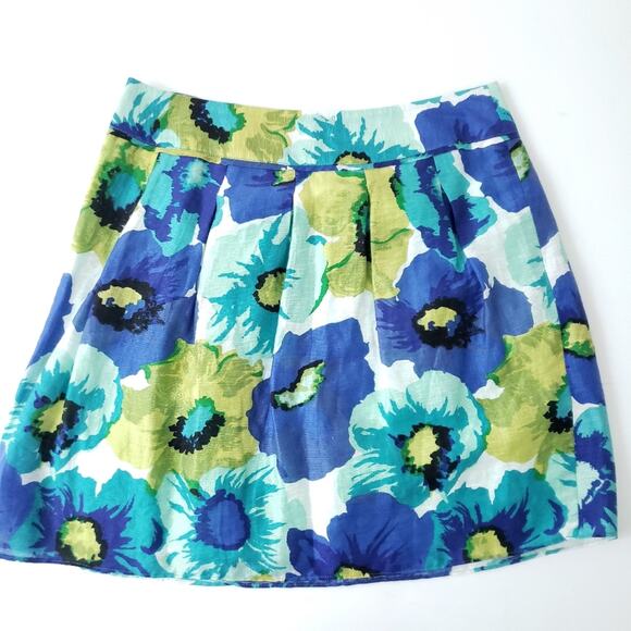 LOFT Floral Print Skirt Blue Green Pleated Linen Spring Summer Zip Career 6P - Picture 3 of 4